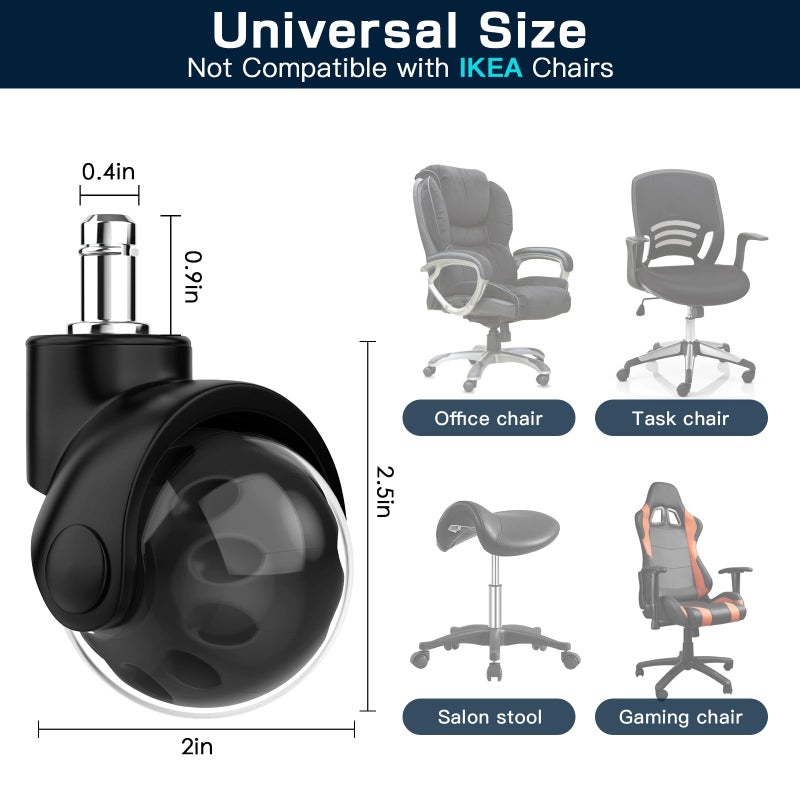 Omyoffice Office Chair Replacement Wheel - Quiet & Smooth Gliding - 2 Inch Heavy Duty Rolling Chair Casters Supports 2000 Lbs,Desk Chair Wheels Universal Fit,Safe for All Floor Or Carpet Set of (Premium Black) - Image 2