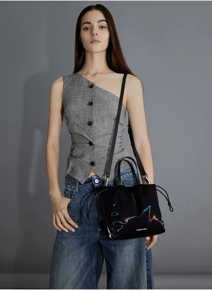 Charles & Keith Mini Bethel Shiny Ruched Drawstring Tote Bag & Shoulder Bag & Crossbody Bag - Jet Black  - Image 2