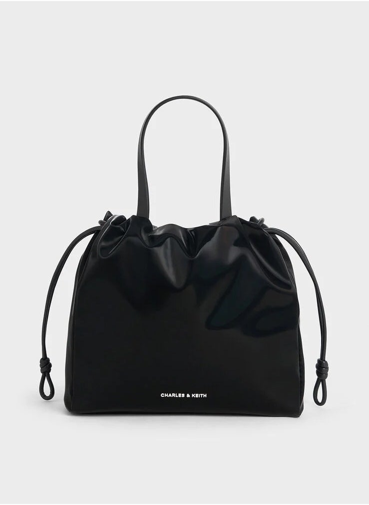 Charles & Keith Mini Bethel Shiny Ruched Drawstring Tote Bag & Shoulder Bag & Crossbody Bag - Jet Black  - Image 1