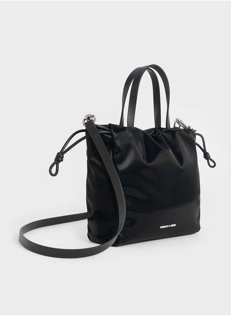 Charles & Keith Mini Bethel Shiny Ruched Drawstring Tote Bag & Shoulder Bag & Crossbody Bag - Jet Black  - Image 3