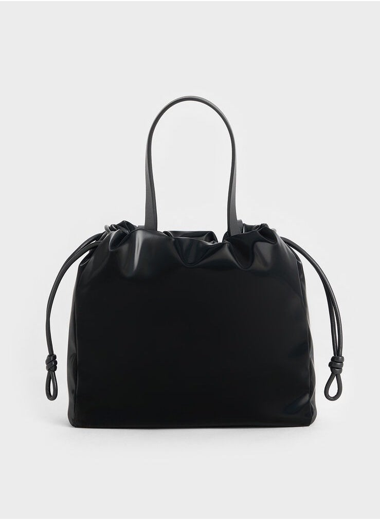 Charles & Keith Mini Bethel Shiny Ruched Drawstring Tote Bag & Shoulder Bag & Crossbody Bag - Jet Black  - Image 5