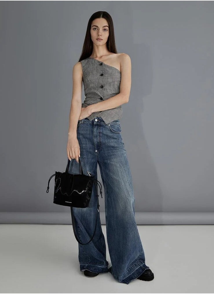 Charles & Keith Mini Bethel Shiny Ruched Drawstring Tote Bag & Shoulder Bag & Crossbody Bag - Jet Black  - Image 4