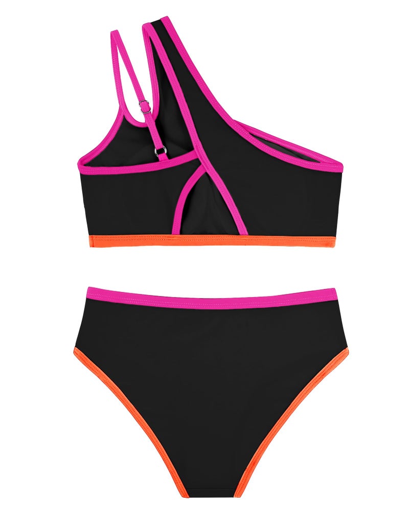 Redair Teen Girls Swimsuit One Shoulder Bikini Bathing Suit Color Block Tankini 2 Piece Swimwear Black Beach - Image 5