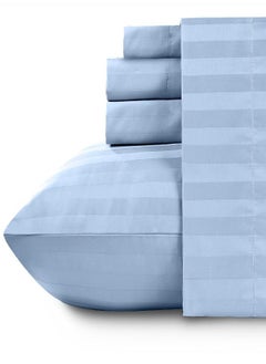 Luxury Split King Sheets Set For Adjustable Bed, 100% Cotton 500 Thread Count, Snug Fit, 5Pc Set With 2 Twin-Xl Fitted Sheets, Hotel Quality Damask Stripe Bedsheets (Split King, Stripe - Sky Blue)