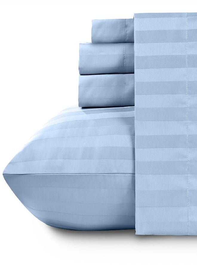 California Design Den - Luxury Split King Sheets Set For Adjustable Bed, 100% Cotton 500 Thread Count, Snug Fit, 5Pc Set With 2 Twin-Xl Fitted Sheets, Hotel Quality Damask Stripe Bedsheets (Split King, Stripe - Sky Blue) - Image 1