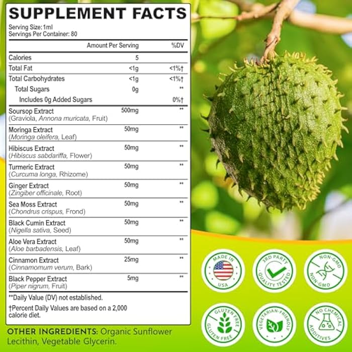 Selicheal سورسيوب بيتيرز سائل 880 ملغ، قطرات متعددة الفيتامينات من سورسيوب مع مستخلص الأوراق وطحالب البحر، لدعم الخلايا وتجديدها، المناعة، الكبد، الأمعاء، النوم، البشرة ومضادات الأكسدة | 2.8 أونصة سائلة - إمداد لمدة 80 يومًا - Image 2
