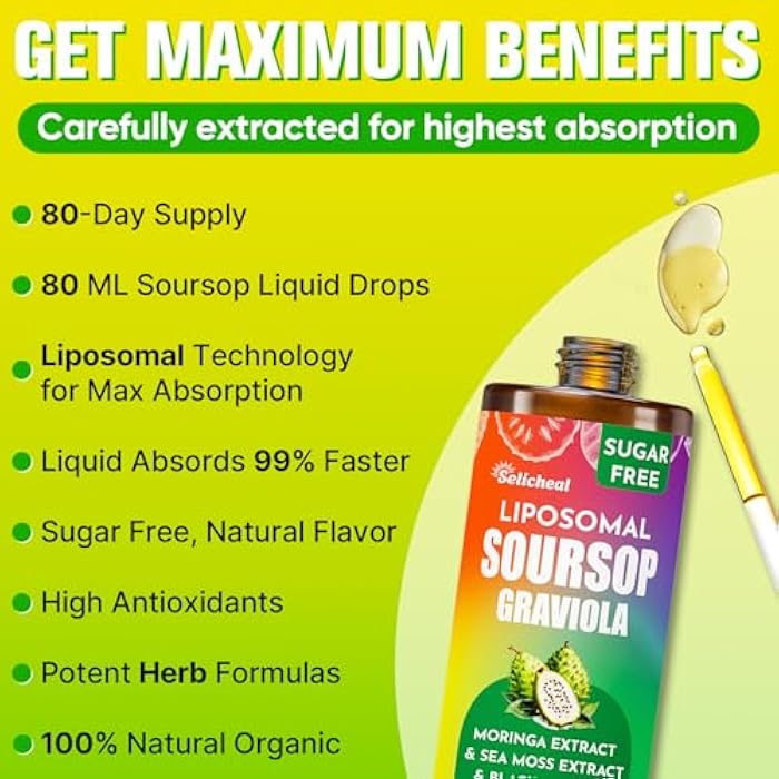 Selicheal سورسيوب بيتيرز سائل 880 ملغ، قطرات متعددة الفيتامينات من سورسيوب مع مستخلص الأوراق وطحالب البحر، لدعم الخلايا وتجديدها، المناعة، الكبد، الأمعاء، النوم، البشرة ومضادات الأكسدة | 2.8 أونصة سائلة - إمداد لمدة 80 يومًا - Image 4