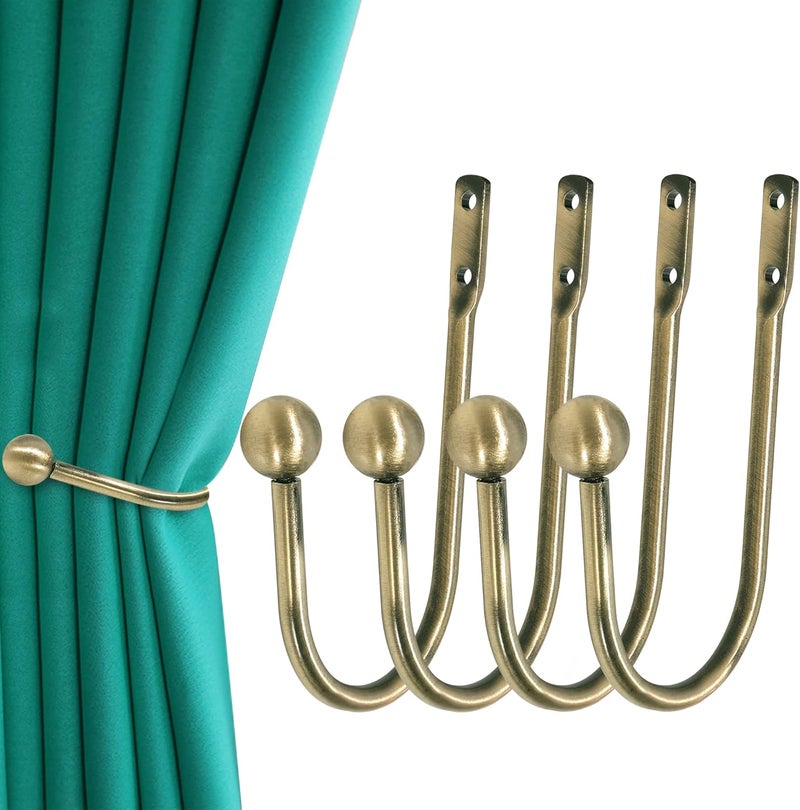 HEMOUR Curtain Holdback, 4 Pcs Wall Mounted Drapery Tiebacks with Screws, Heavy Duty Metal Decorative Window Drapery Holder Curtain Hook, Brass - Image 1