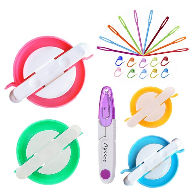 Ayasee Pompom Maker Kits, Pom pom Knitting Loom Kit Fluff Ball Weaver Needle Craft DIY Knitting Crochet Craft Tool Kit, 4PS Pompom Maker+10PS Knitting Stitch Markers+10PS Plastic Needles+1PS Scissors(25) - Image 1