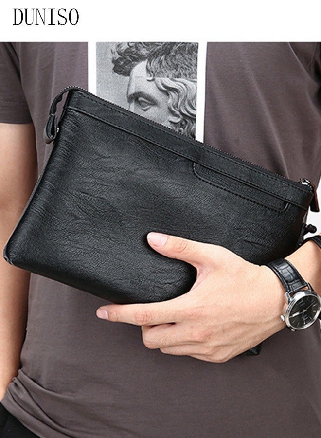 DUNISO Men's Clutch Bag Faux Leather Wallet Bag Large Capacity Light Weight Handbag Portable Envelope Phone Purse with Wrist Strap - Image 1