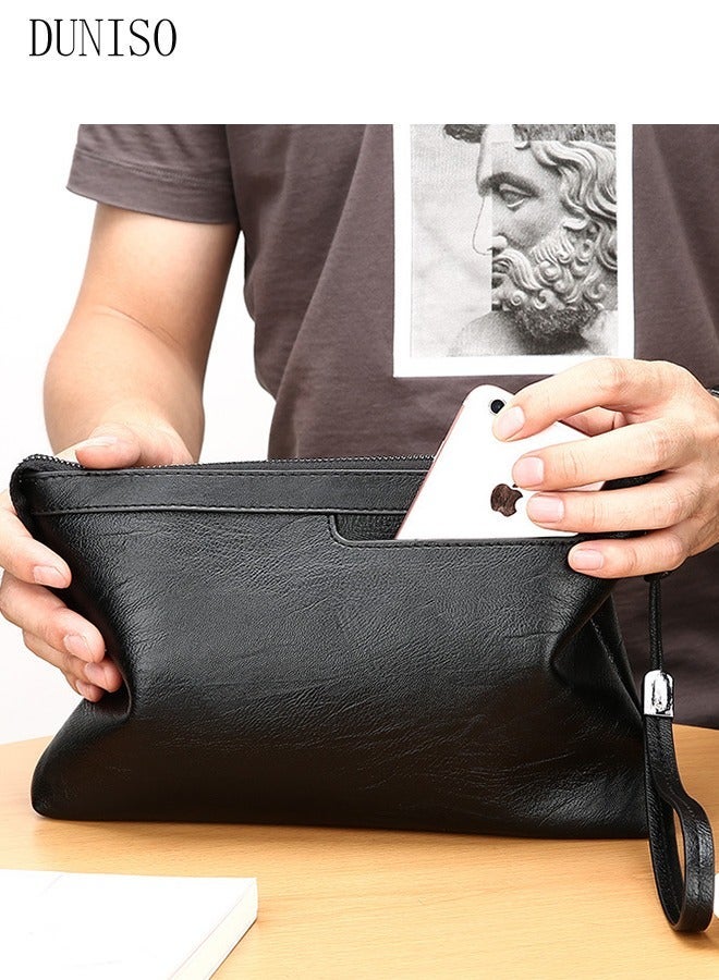 DUNISO Men's Clutch Bag Faux Leather Wallet Bag Large Capacity Light Weight Handbag Portable Envelope Phone Purse with Wrist Strap - Image 4