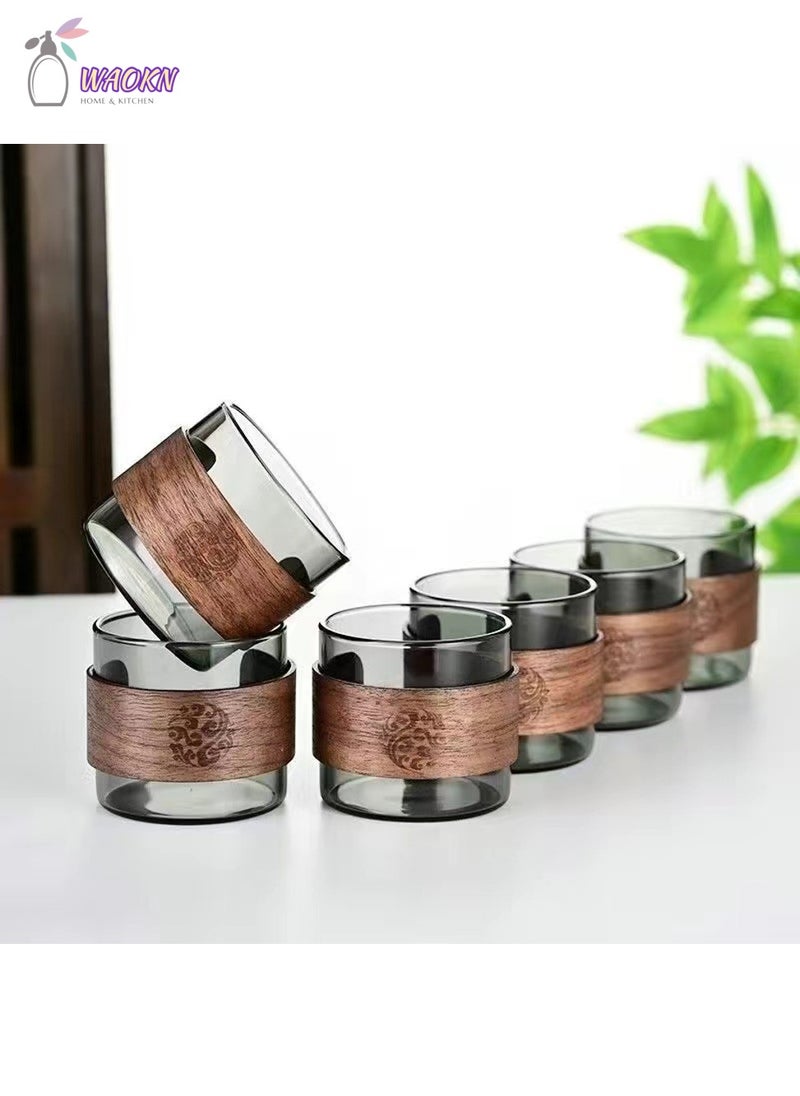 WAOKN 6 Thickened Heat-Resistant Glass Set With Wood Ring, Sample Tea Cup At Home, Can Be Used To Drink Water, Tea, Coffee, 150 Ml  - Image 1