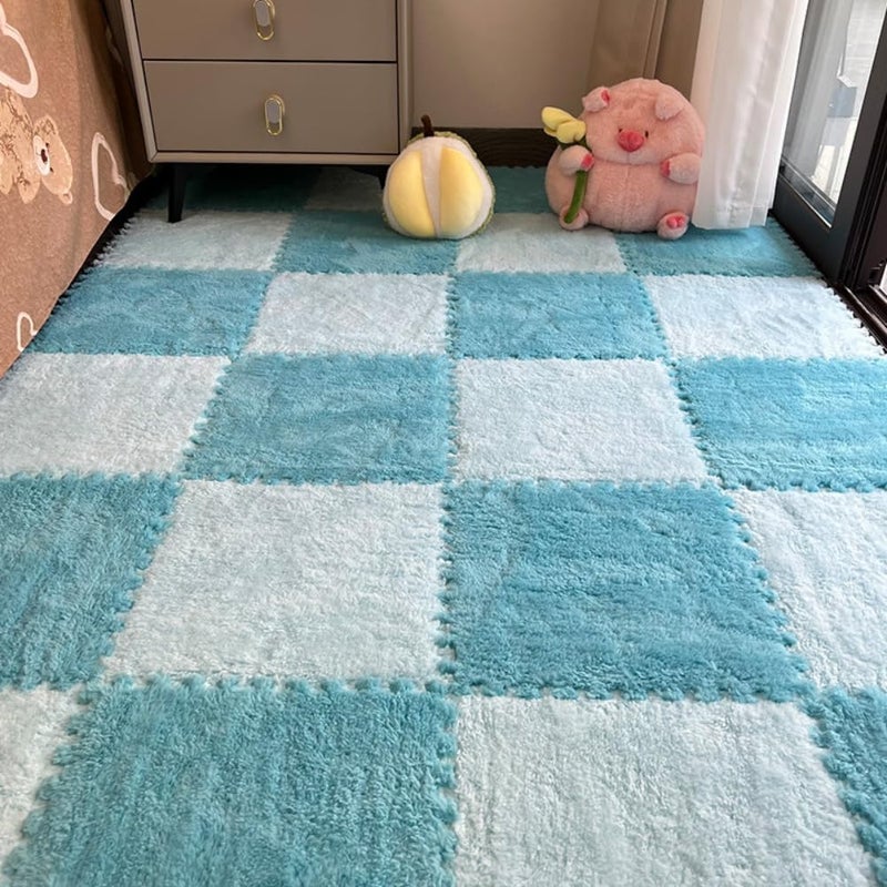 YISLEND 12Pcs Interlocking Carpet Tiles,12"x 12" Plush Interlocking Foam Carpet Tile with Border,Fluffy Play Mat Floor Tiles Thick Padded Squares Foam Tile for Playroom Decor (Light Blue+Dark Blue) - Image 1