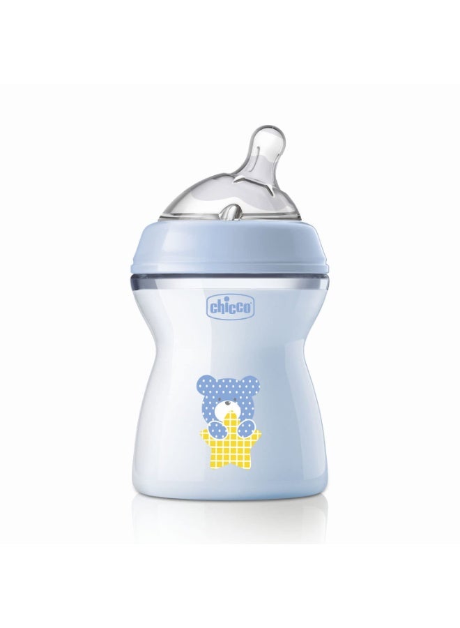 Chicco Natural Feeling PP Feeding Bottle I Double Anti-Colic Valve I Breast Like Latch I Soft Silicone I Food Grade I BPA Free I Wide Neck I 250ml, Medium Flow 2+ Months Blue 1Pc - Image 1