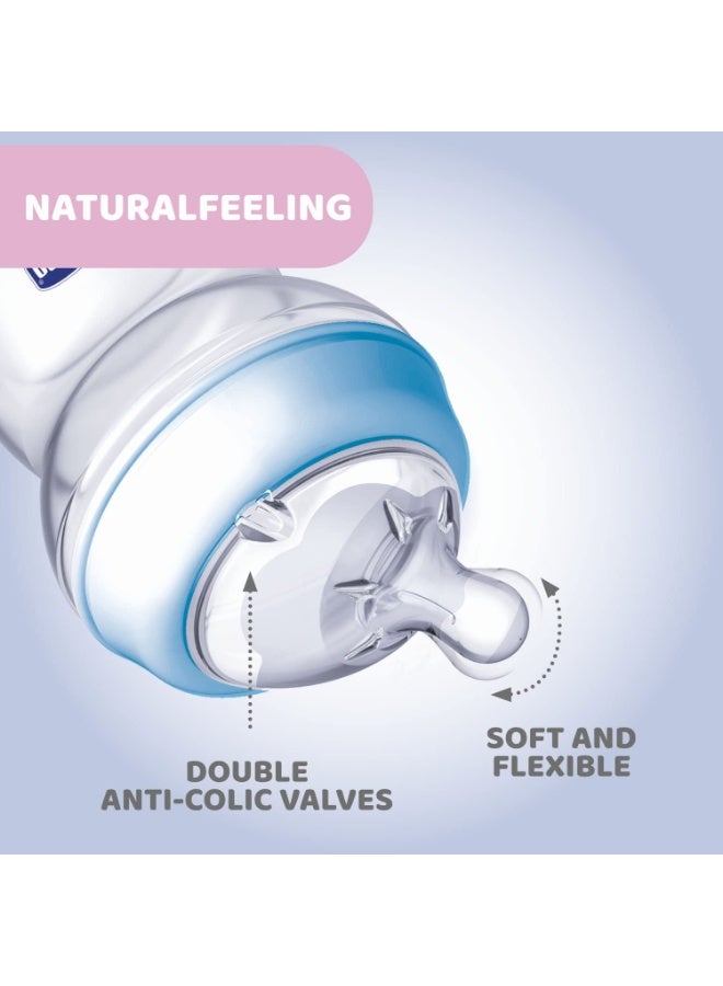 Chicco Natural Feeling PP Feeding Bottle I Double Anti-Colic Valve I Breast Like Latch I Soft Silicone I Food Grade I BPA Free I Wide Neck I 250ml, Medium Flow 2+ Months Blue 1Pc - Image 3