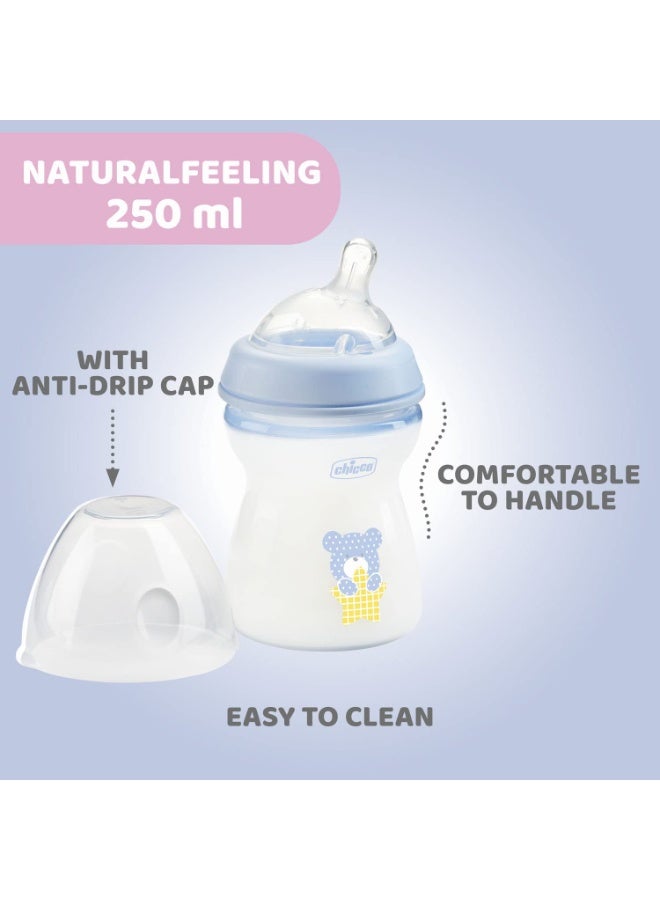 Chicco Natural Feeling PP Feeding Bottle I Double Anti-Colic Valve I Breast Like Latch I Soft Silicone I Food Grade I BPA Free I Wide Neck I 250ml, Medium Flow 2+ Months Blue 1Pc - Image 2