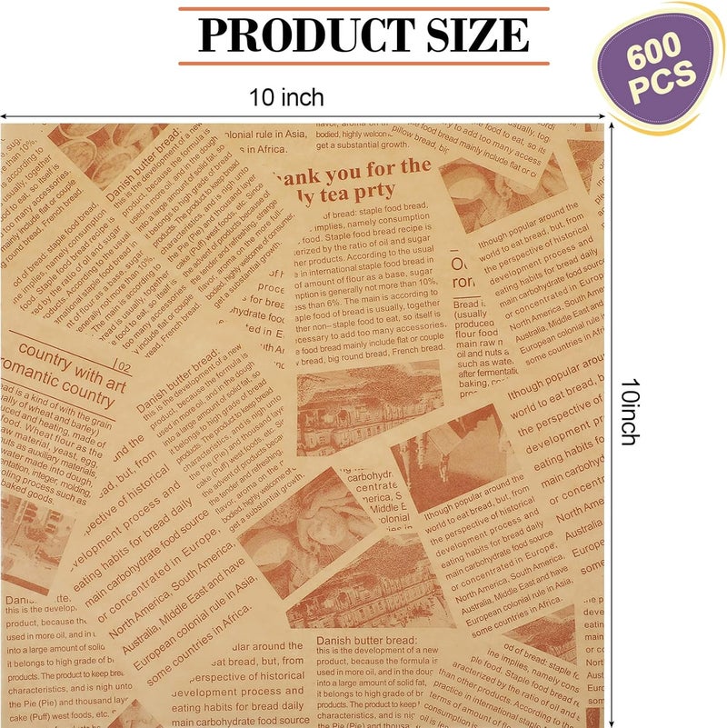 Epakh 600 Pcs Deli Wax Paper Sheets for Food Newspaper Sandwich Wrapping Paper Baking Newsprint Food Picnic Greaseproof Basket Liners Wax Wrapping Tissue 10 x 10 InchBrown  - Image 4