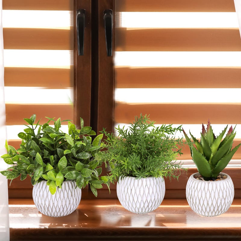 Winlyn Winlyn 3 Pcs Small Potted Plants Artificial Eucalyptus Rosemary Plants and Aloe Succulent Plant in Gray Geometric Cement Pots for Gifts Table Windowsill Shelf Home Bathroom Indoor Outdoor Green Decor - Image 5