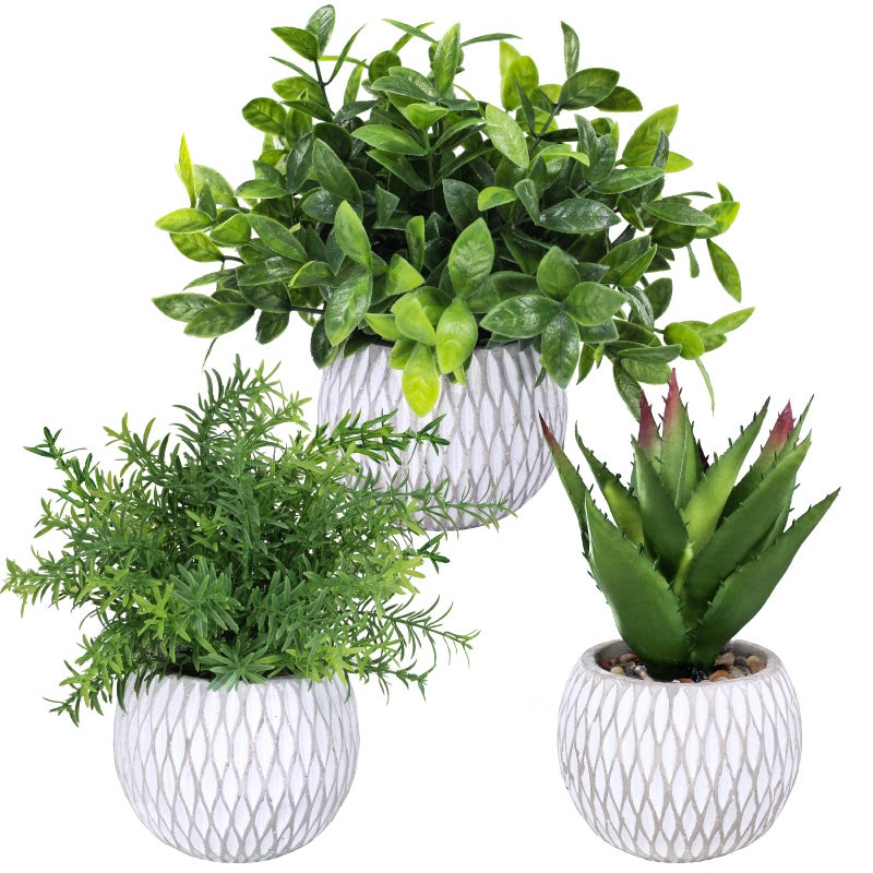 Winlyn Winlyn 3 Pcs Small Potted Plants Artificial Eucalyptus Rosemary Plants and Aloe Succulent Plant in Gray Geometric Cement Pots for Gifts Table Windowsill Shelf Home Bathroom Indoor Outdoor Green Decor - Image 1