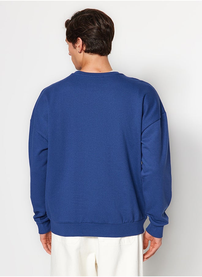 trendyol Navy Blue Oversize/Wide Cut Fit Animal Embroidered Fleece Sweatshirt TMNAW23SW00191  - Image 5