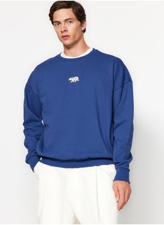 trendyol Navy Blue Oversize/Wide Cut Fit Animal Embroidered Fleece Sweatshirt TMNAW23SW00191  - Image 1