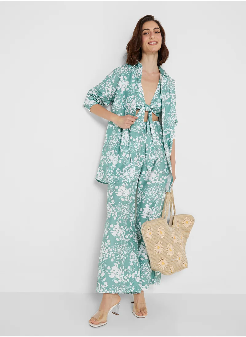 Ginger 3 Pc Printed Oversize Shirt With Bralette & Pant Co-ord Set