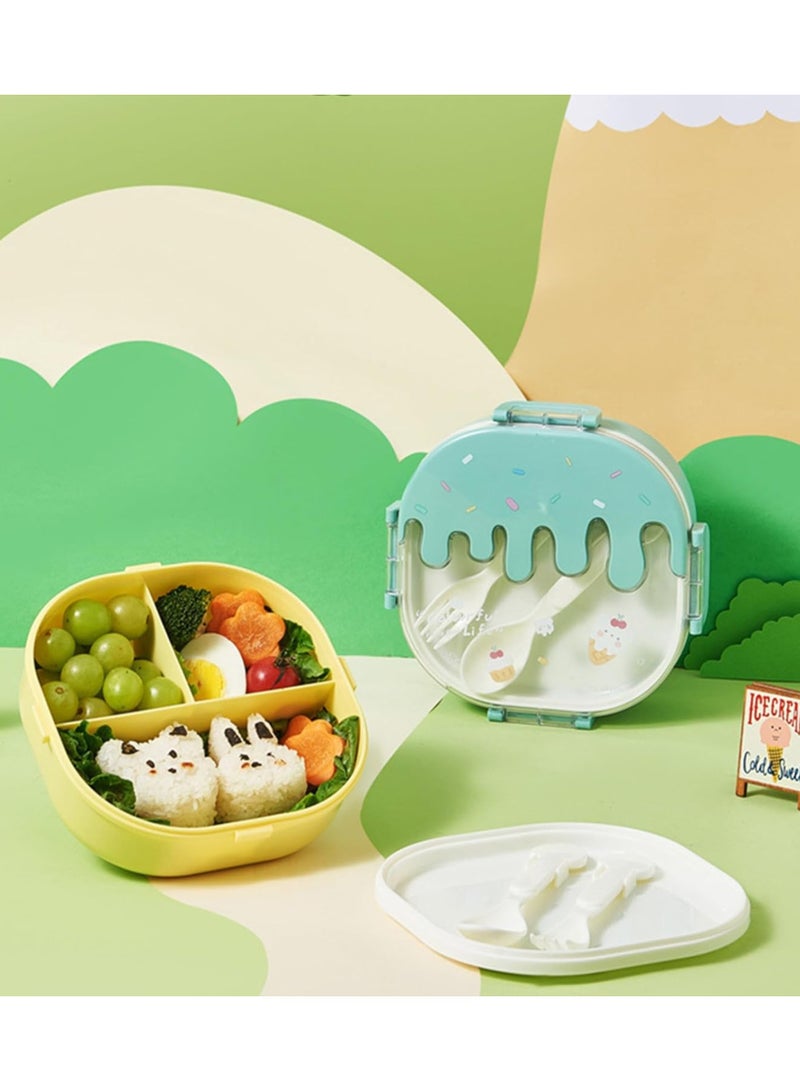 تويسو صندوق غداء بلاستيكي من Twisoo Bento للأطفال والكبار، حاوية لطيفة من 3 أقسام للوجبات الخفيفة والآيس كريم مع شوكة وملعقة، طابقين، خالٍ من مادة BPA، مقاوم للتسرب، مثالي للاستخدام في المدرسة والمكتب (أخضر)  - Image 4