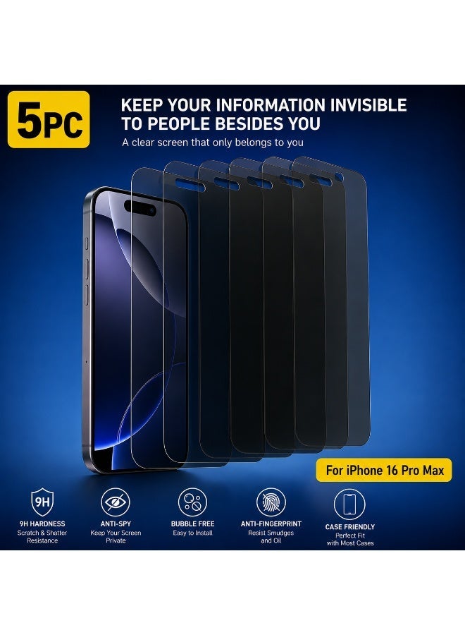 mietubl 5 PACK Privacy Screen Protector For iPhone 16 Pro Max , Anti-Spy, 9H Hardness, Anti-Fingerprint, Scratch Resistant, Easy Installation - iPhone 16 Pro Max Tempered Privacy - Image 1