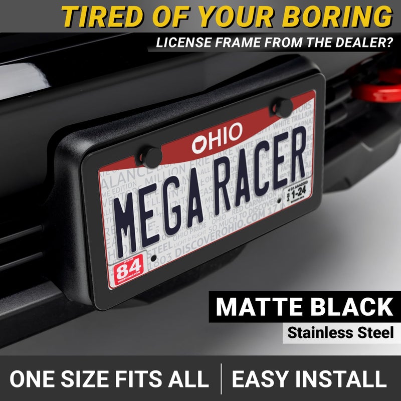 Mega Racer Premium Slim Matte Black License Plate Frame â€“ 1 Piece, Rust-Free Stainless Steel & Rattle-Free, Street Legal, Universal with Screw Caps, Thin Edged Metal Front or Rear Car Tag Holder for Men & Women - Image 2