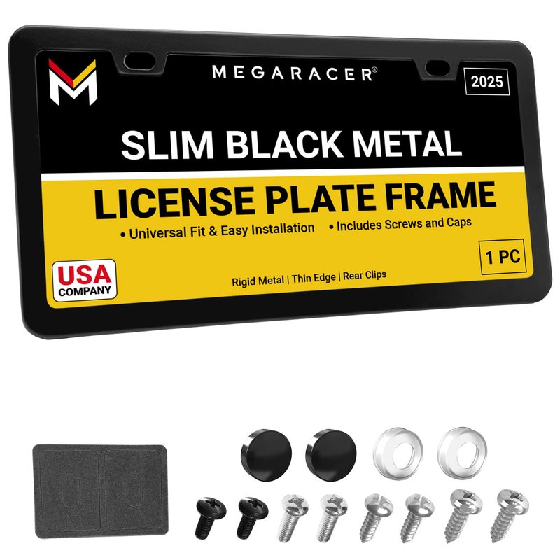Mega Racer Premium Slim Matte Black License Plate Frame â€“ 1 Piece, Rust-Free Stainless Steel & Rattle-Free, Street Legal, Universal with Screw Caps, Thin Edged Metal Front or Rear Car Tag Holder for Men & Women - Image 1