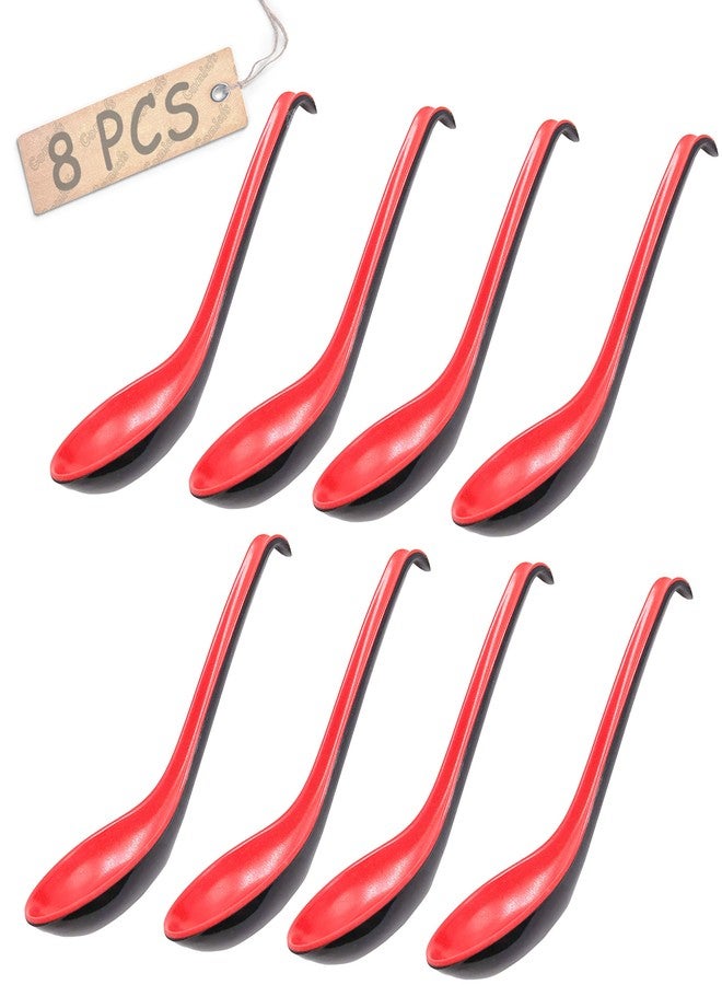 Comicfs Asian Soup Spoons 8 pieces, Large Japanese Soup Spoons, Soba Rice Pho Ramen Noodle Soup Spoon, Chinese Won Ton Soup Spoon, Hook Style (Red and Black) - Image 1