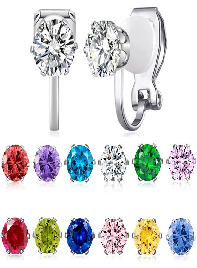 Spiritlele 12 Pairs Birthstone CZ Clip on Stud Earrings Set Round Cubic Zirconia Clip on Non Piercing Fake Stud Earrings Birthday Gifts Unisex (Circle) - Image 1