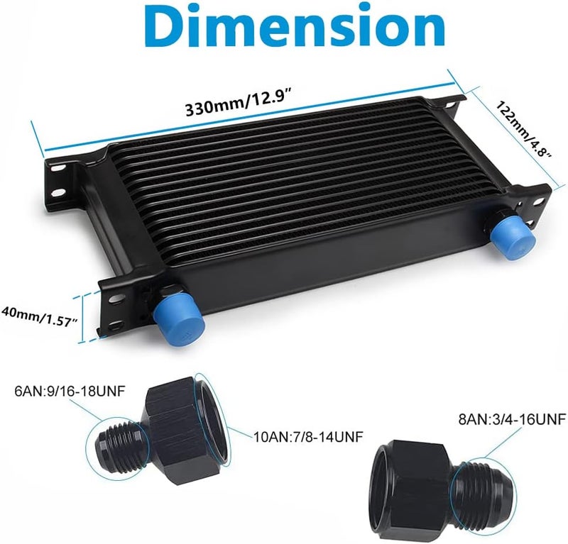 HTRACING 16 Row AN10 10AN Transmission Oil Cooler Kit Stacked Plate With 6AN 8AN Adapter Universal Engine Transmission British Radiator Oil Cooler Condenser Aluminium Alloy Black - Image 2