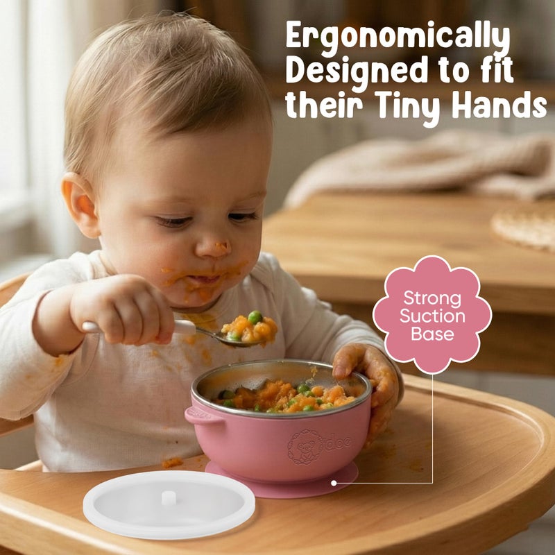 o'doe Suction Bowls for Baby - Non-Toxic Stainless Steel Baby Bowls 5" with Non-Slip Removable Silicone Shell - BPA-Free Toddler Bowls (Green + Rose + Beige) - Image 2