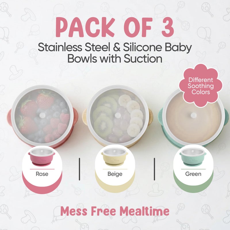 o'doe Suction Bowls for Baby - Non-Toxic Stainless Steel Baby Bowls 5" with Non-Slip Removable Silicone Shell - BPA-Free Toddler Bowls (Green + Rose + Beige) - Image 3