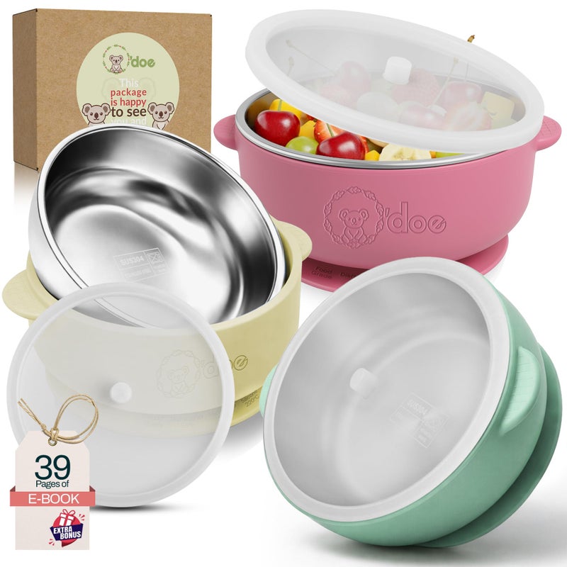o'doe Suction Bowls for Baby - Non-Toxic Stainless Steel Baby Bowls 5" with Non-Slip Removable Silicone Shell - BPA-Free Toddler Bowls (Green + Rose + Beige) - Image 1
