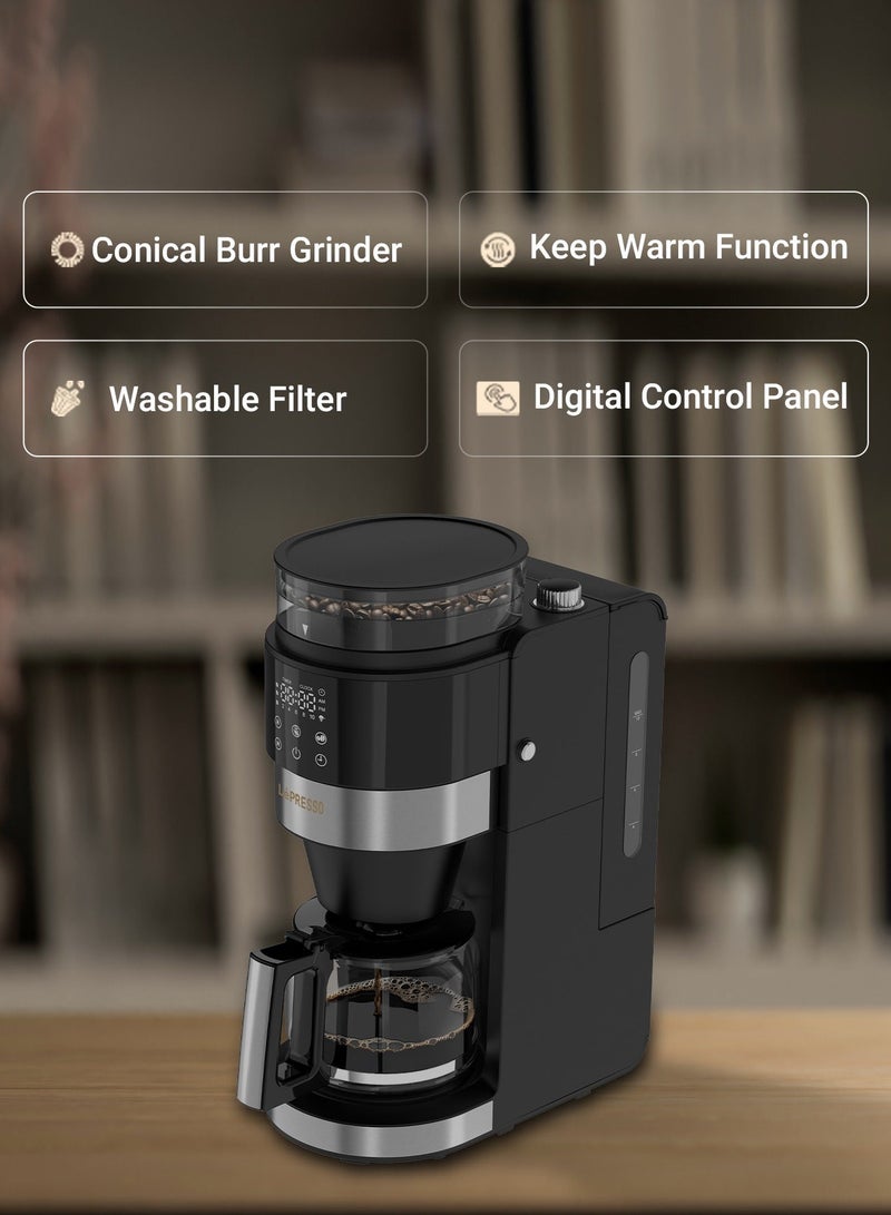 LePRESSO Grindbrew Pro Coffee Brewer with Grinder for Coffee beans & Coffee Powder 1.35L / Coffee Machine 900W / Customizable Brew Strength / Keep Warm Function / Digital Control Panel - Black - Image 2