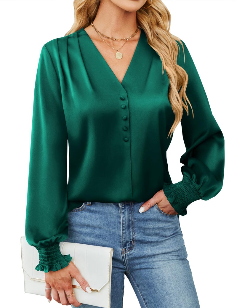 BMJL Women's Blouses Dressy Casual Satin Silk Long Sleeve Shirts Business Casual Tops(Green,M) - Image 1