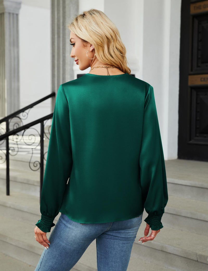BMJL Women's Blouses Dressy Casual Satin Silk Long Sleeve Shirts Business Casual Tops(Green,M) - Image 3