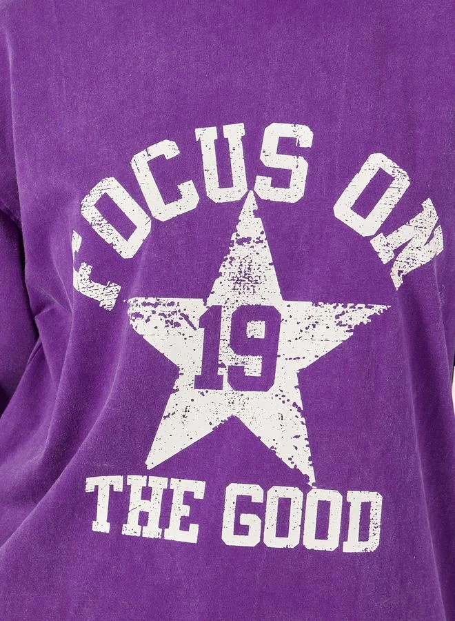 Styli Slogan Printed Acid Washed Oversized T-Shirtâ€‹