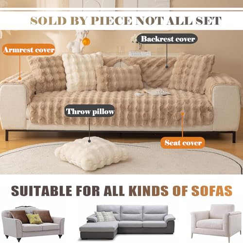 XSlive Soft Warm Faux Fur Couch Sofa Cover Thick Shaggy Fuzzy Sectional Couch Cover Non-Slip Solid Color Plush Sofa Slipcover Furniture Protector for Kids, Pets (Coffee,36"x70") - Image 3