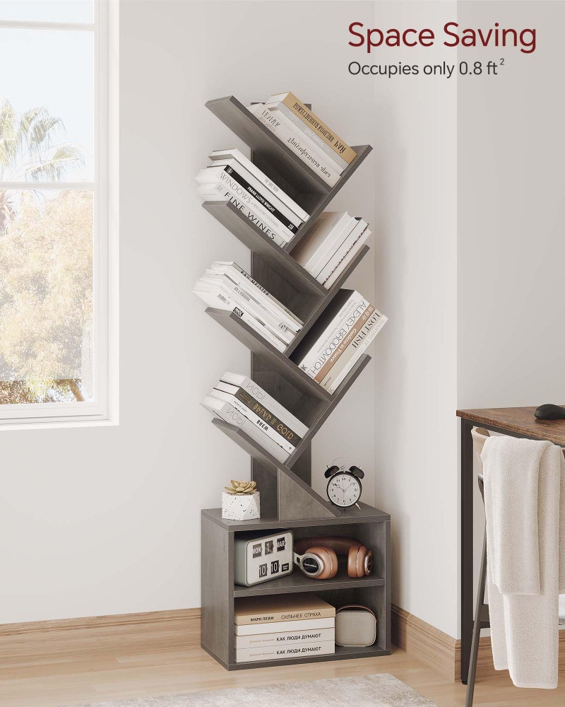SUNMORY 6 Tier Tree Bookshelf, Tall Bookcase with Storage Cabinet, Modern Narrow Bookshelves Organizer, Floor Standing Book Shelf for Bedroom/Living Room/Home Office/Corner, Grey - Image 2