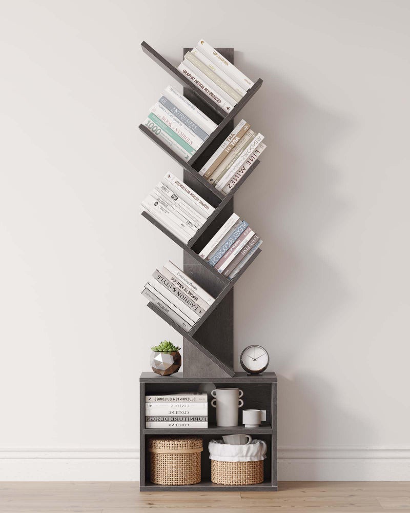 SUNMORY 6 Tier Tree Bookshelf, Tall Bookcase with Storage Cabinet, Modern Narrow Bookshelves Organizer, Floor Standing Book Shelf for Bedroom/Living Room/Home Office/Corner, Grey - Image 1