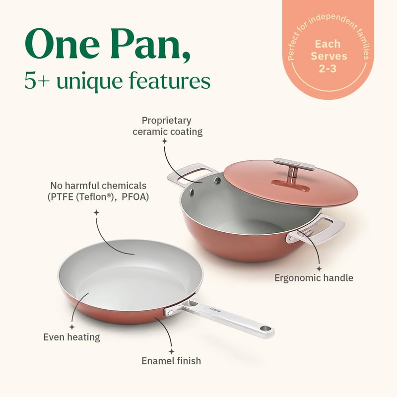 Ember Cookware طقم أواني الطهي السيراميكية غير اللاصقة 5 قطع | معتمد من ISI | يشمل مقلاة، كاداي مع غطاء، 2 ملعقة خشبية وممحاة تنظيف لطيفة | متوافق مع الحث | خالي من PFAS و PTFE - تيراكوتا - Image 2