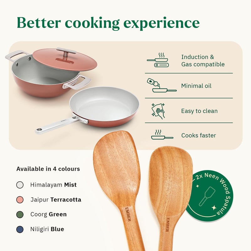 Ember Cookware طقم أواني الطهي السيراميكية غير اللاصقة 5 قطع | معتمد من ISI | يشمل مقلاة، كاداي مع غطاء، 2 ملعقة خشبية وممحاة تنظيف لطيفة | متوافق مع الحث | خالي من PFAS و PTFE - تيراكوتا - Image 3