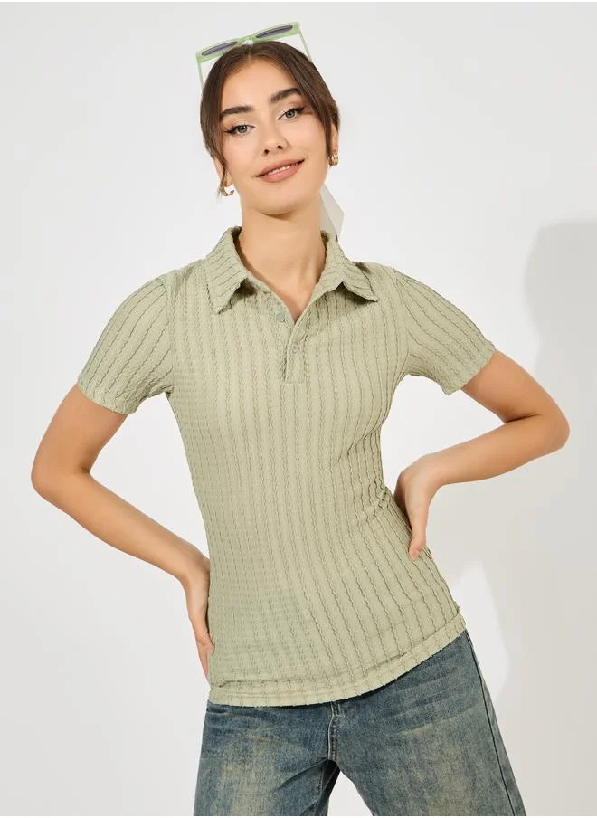 Styli Collar Textured Fitted Polo T-Shirt