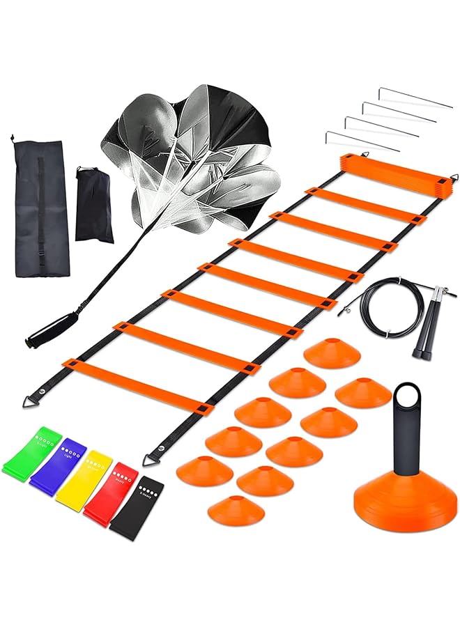 PROMASS Speed Agility Training Set, Includes 12 Rung Agility Ladder,10 Disc Cones, Jump Rope, Resistance Bands, Running Parachute, Holder, For Football, Hockey Training Athletes - Image 1