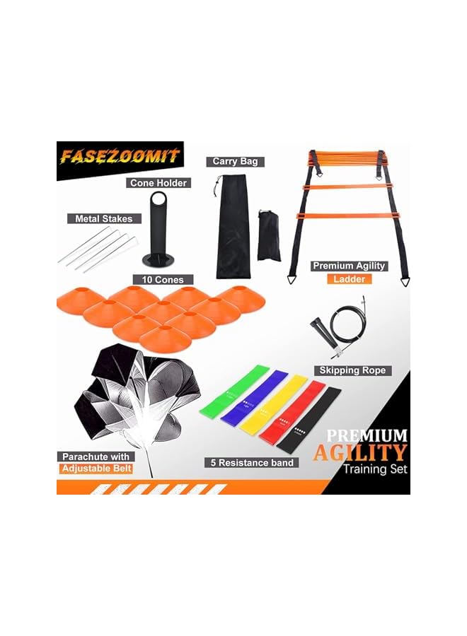 PROMASS Speed Agility Training Set, Includes 12 Rung Agility Ladder,10 Disc Cones, Jump Rope, Resistance Bands, Running Parachute, Holder, For Football, Hockey Training Athletes - Image 3