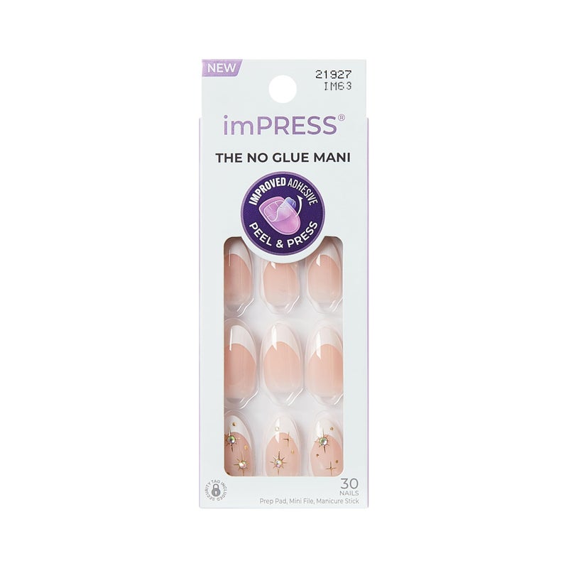 Impress KISS imPRESS No Glue Mani Press On Nails, Design, 'Star player', White, Medium Size, Almond Shape, Includes 30 Nails, Prep Pad, Instructions Sheet, 1 Manicure Stick, 1 Mini File - Image 1