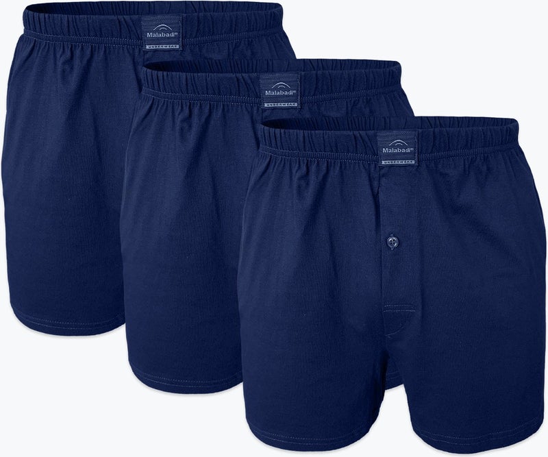 Malabadi Men's Navy Blue 3 Piece Wide Pattern 100% Cotton Boxer 3M024  - Image 1
